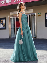 A-line Square Floor length Tulle Prom Dresses Peacock