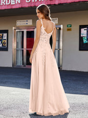 A-line Square Floor length Tulle Prom Dresses Pearl Pink