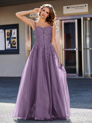 A-line Square Floor length Tulle Prom Dresses Plum