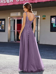 A-line Square Floor length Tulle Prom Dresses Plum Plus Size