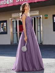 A-line Square Floor length Tulle Prom Dresses Plum