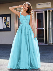 A-line Square Floor length Tulle Prom Dresses Pool Plus Size