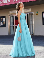 A-line Square Floor length Tulle Prom Dresses Pool