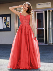 A-line Square Floor length Tulle Prom Dresses Red