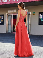 A-line Square Floor length Tulle Prom Dresses Red Plus Size