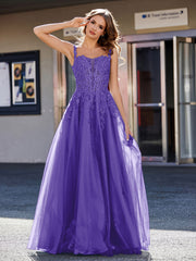 A-line Square Floor length Tulle Prom Dresses Regency