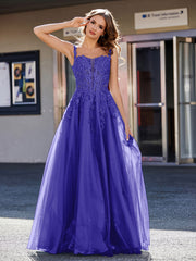 A-line Square Floor length Tulle Prom Dresses Royal Blue Plus Size