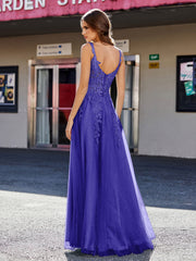 A-line Square Floor length Tulle Prom Dresses Royal Blue