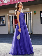 A-line Square Floor length Tulle Prom Dresses Royal Blue Plus Size