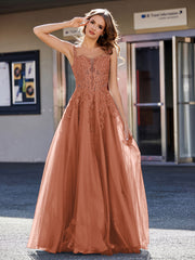 A-line Square Floor length Tulle Prom Dresses Rust Plus Size