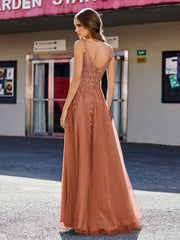 A-line Square Floor length Tulle Prom Dresses Rust Plus Size