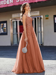 A-line Square Floor length Tulle Prom Dresses Rust Plus Size