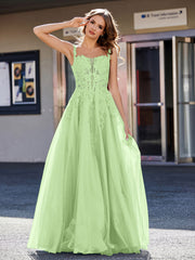 A-line Square Floor length Tulle Prom Dresses Sage