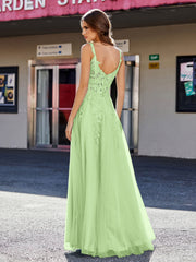 A-line Square Floor length Tulle Prom Dresses Sage