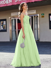 A-line Square Floor length Tulle Prom Dresses Sage