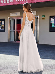 A-line Square Floor length Tulle Prom Dresses Silver Plus Size