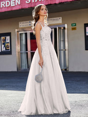 A-line Square Floor length Tulle Prom Dresses Silver