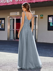 A-line Square Floor length Tulle Prom Dresses Slate Blue Plus Size