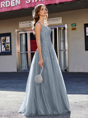 A-line Square Floor length Tulle Prom Dresses Slate Blue