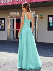 A-line Square Floor length Tulle Prom Dresses Spa