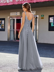 A-line Square Floor length Tulle Prom Dresses Steel Grey Plus Size
