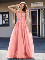 A-line Square Floor length Tulle Prom Dresses Sunset
