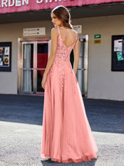 A-line Square Floor length Tulle Prom Dresses Sunset