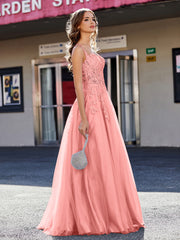A-line Square Floor length Tulle Prom Dresses Sunset