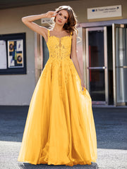 A-line Square Floor length Tulle Prom Dresses Tangerine