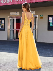 A-line Square Floor length Tulle Prom Dresses Tangerine
