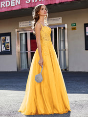 A-line Square Floor length Tulle Prom Dresses Tangerine Plus Size
