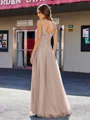A-line Square Floor length Tulle Prom Dresses Taupe