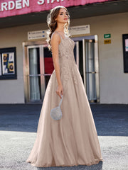 A-line Square Floor length Tulle Prom Dresses Taupe Plus Size
