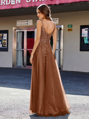 A-line Square Floor length Tulle Prom Dresses Terracotta