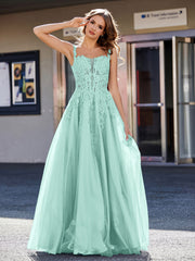 A-line Square Floor length Tulle Prom Dresses Turquoise