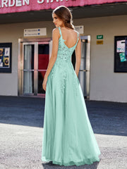 A-line Square Floor length Tulle Prom Dresses Turquoise