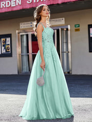 A-line Square Floor length Tulle Prom Dresses Turquoise Plus Size
