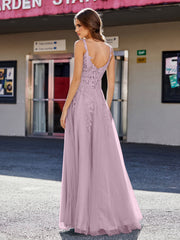 A-line Square Floor length Tulle Prom Dresses Vintage Mauve