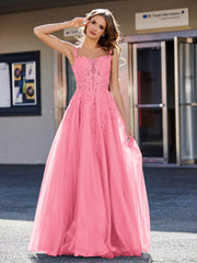 A-line Square Floor length Tulle Prom Dresses Watermelon