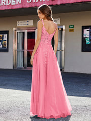 A-line Square Floor length Tulle Prom Dresses Watermelon Plus Size