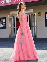 A-line Square Floor length Tulle Prom Dresses Watermelon