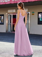 A-line Square Floor length Tulle Prom Dresses Wisteria Plus Size