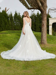 Backless A-line Ruched Tulle Wedding Dress Ivory/Champagne