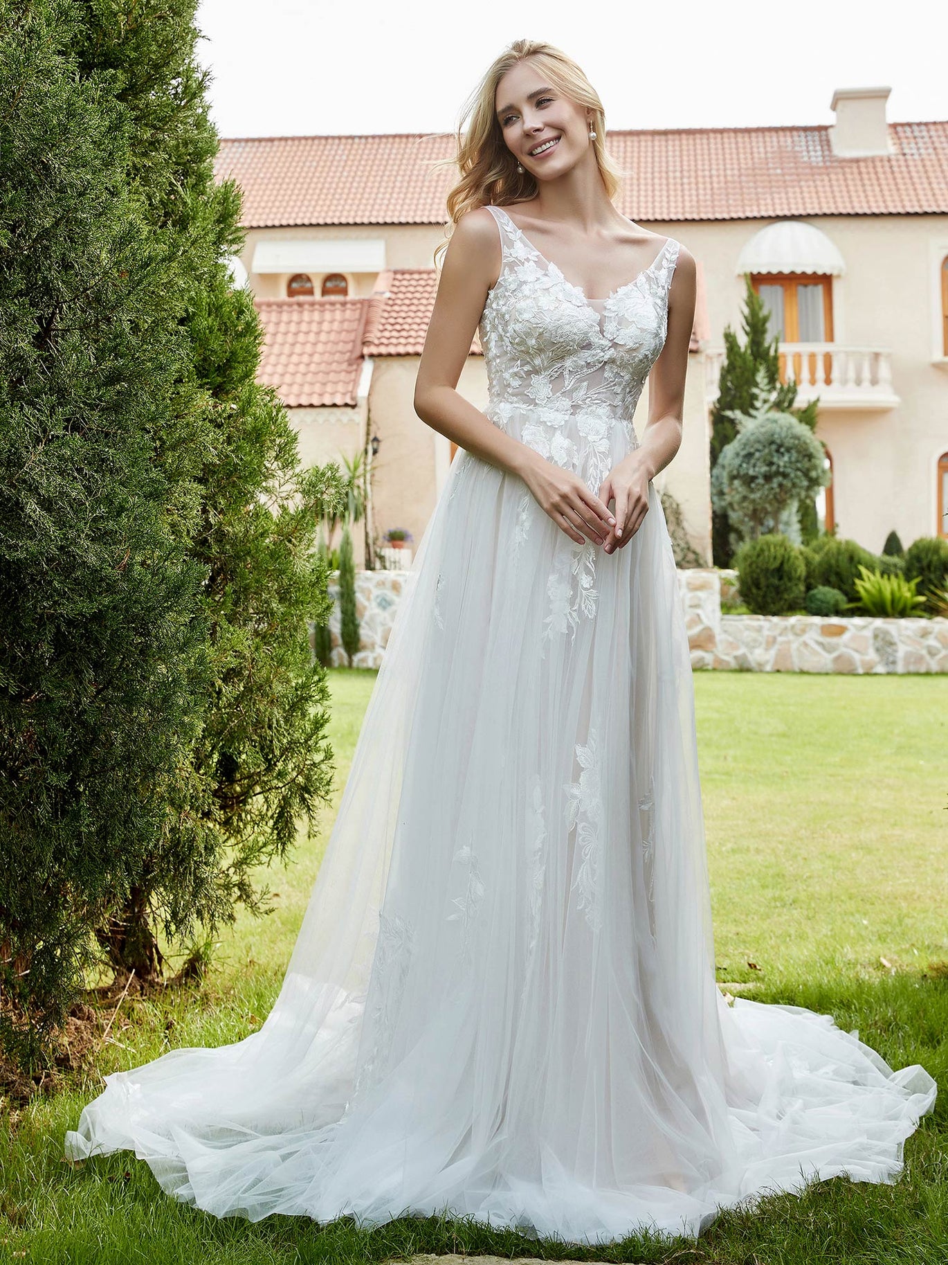 princess polly baby blue dress Delicate Beige Lace Wedding Dress, Open Back, Long Train