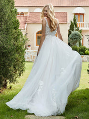 Backless A-line Ruched Tulle Wedding Dress Ivory/Champagne