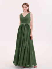 V-neck Chiffon Dresses with Satin Sash Bow Olive Green
