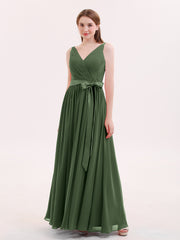 V-neck Chiffon Dresses with Satin Sash Bow Olive Green