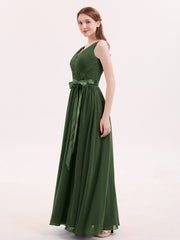 V-neck Chiffon Dresses with Satin Sash Bow Olive Green