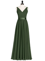 V-neck Chiffon Dresses with Satin Sash Bow Olive Green