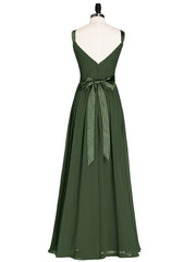V-neck Chiffon Dresses with Satin Sash Bow Olive Green